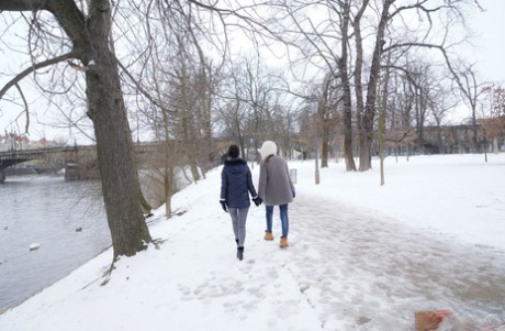 Lesbian girls Freya Dee & Sabrisse take a walk by the canal before sex at home
